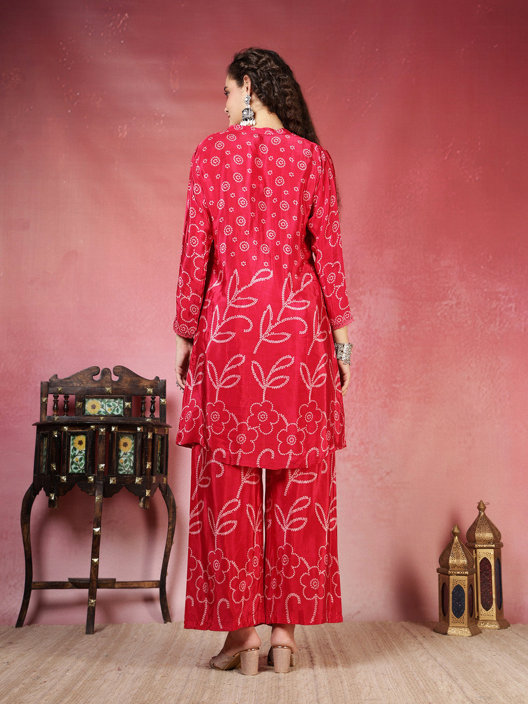Hot Pink Crepe Printed A Line Kurta With Pant