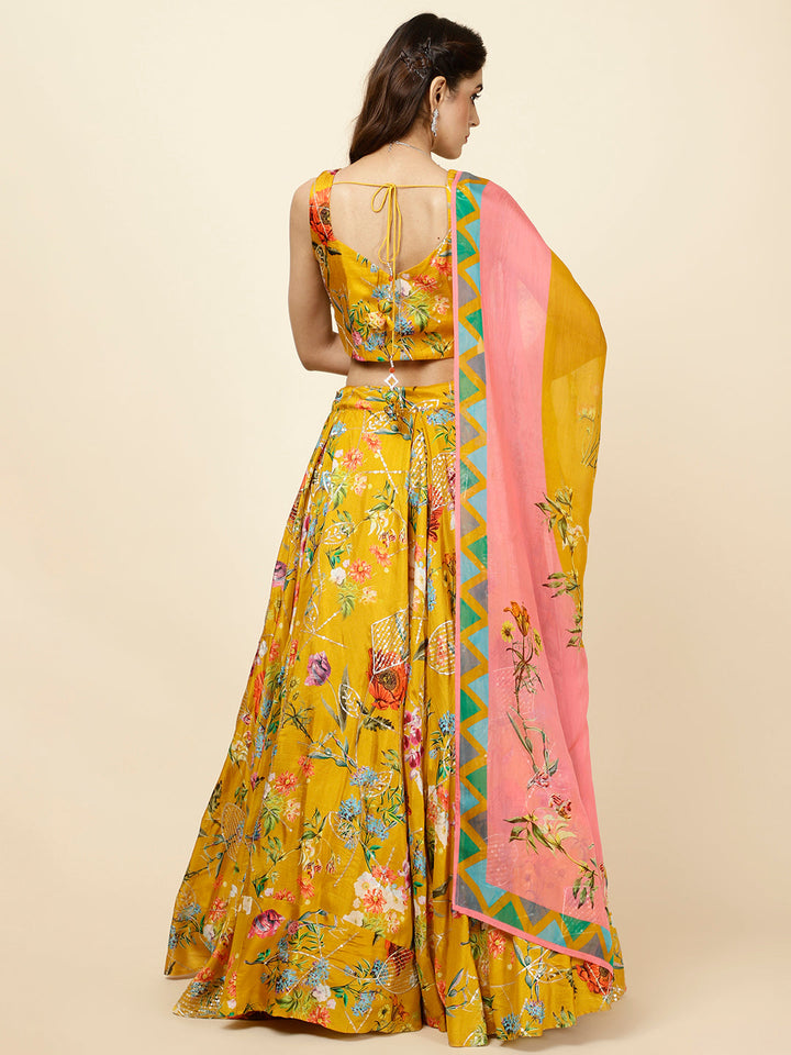 Floral Printed Crepe Choli With Lehenga &amp; Dupatta