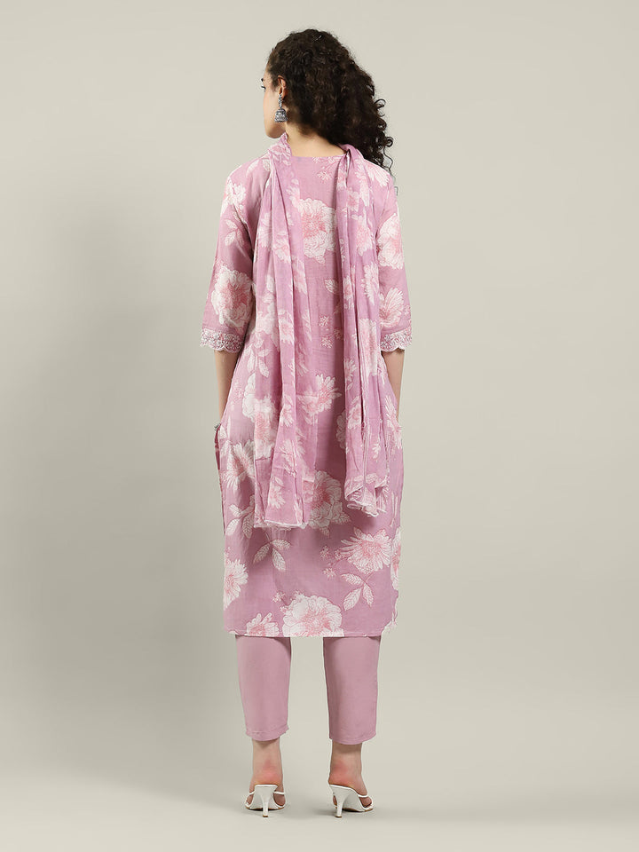 Printed Cotton Blend Kurta With Pants &amp; Dupatta