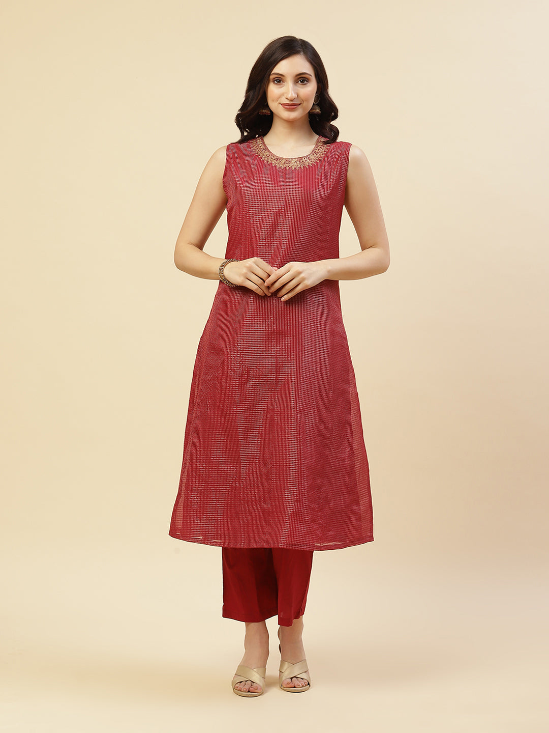 Embroidered Chanderi Kurti With Jacket And Pant