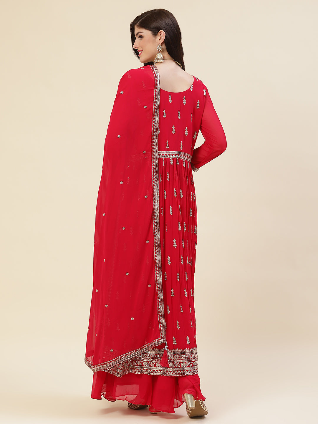 Resham Sequin Booti Georgette Kurta With Palazzo &amp; Dupatta