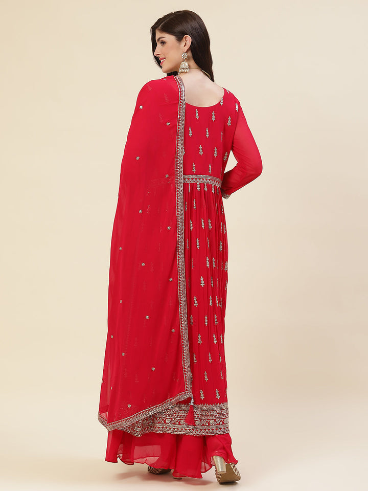 Resham Sequin Booti Georgette Kurta With Palazzo &amp; Dupatta