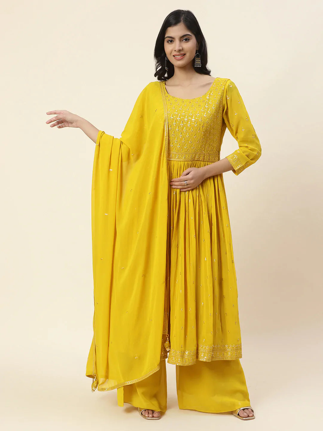 Resham Sequin Embroidered Georgette Kurta With Palazzo &amp; Dupatta