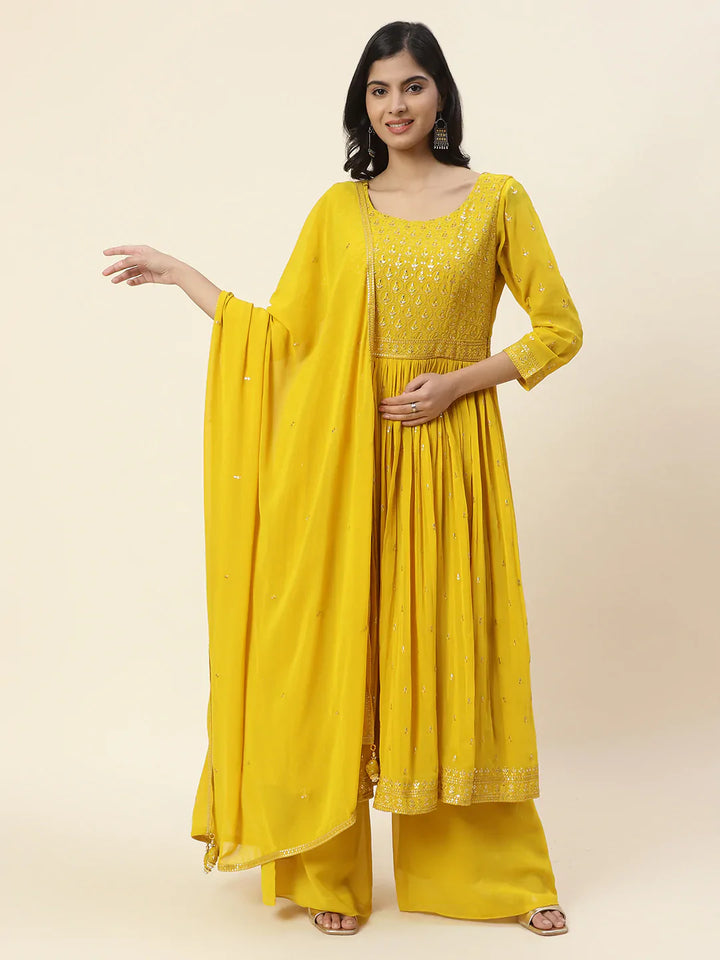 Resham Sequin Embroidered Georgette Kurta With Palazzo &amp; Dupatta