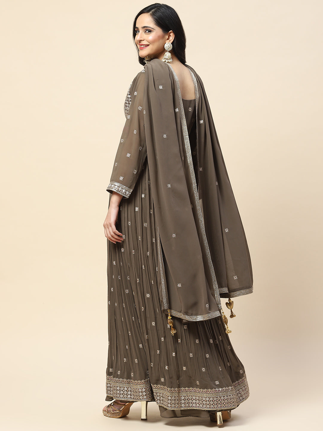 Sequin Embroidered Georgette Kurta With Sharara &amp; Dupatta