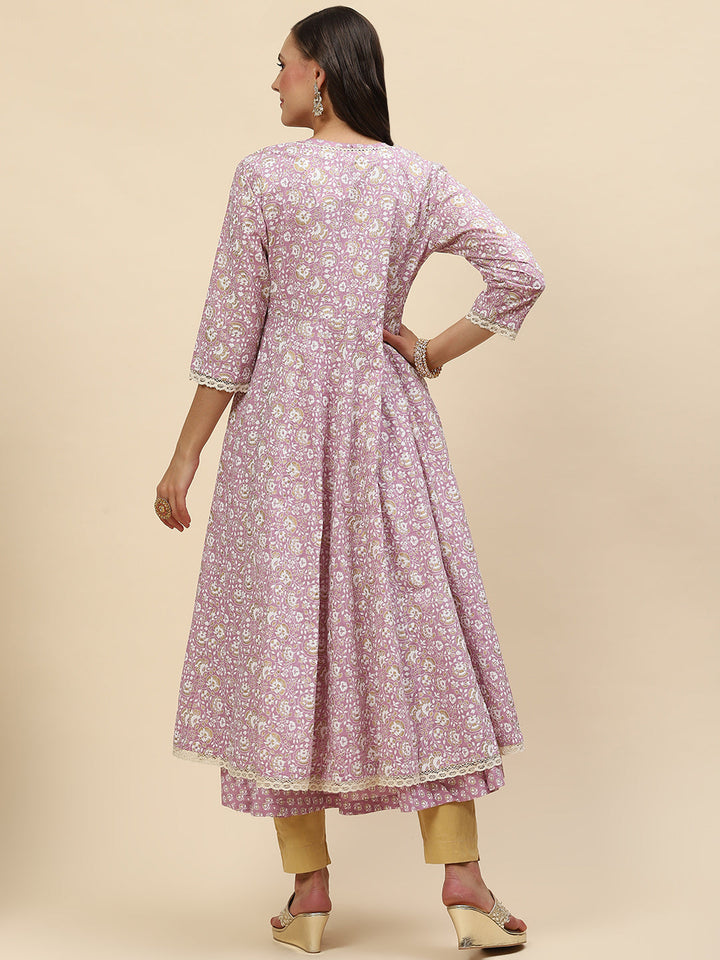 Floral Printed Cotton Anarkali Kurta With Jacket