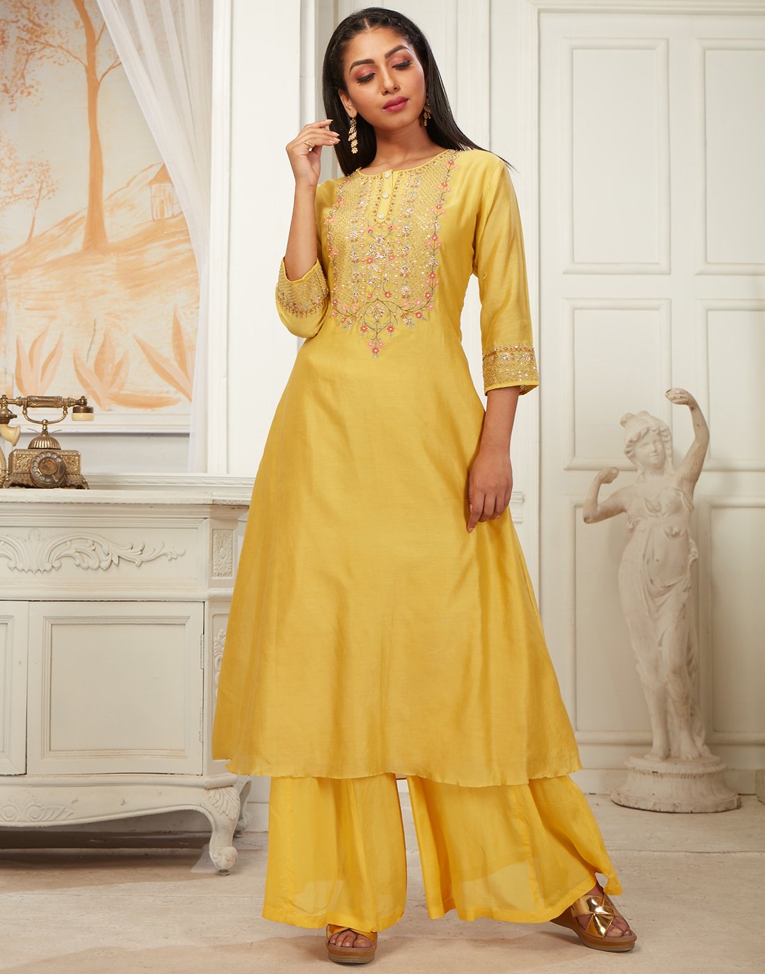 MBZ Meena Bazaar-Mustard Cotton Chanderi Kurti