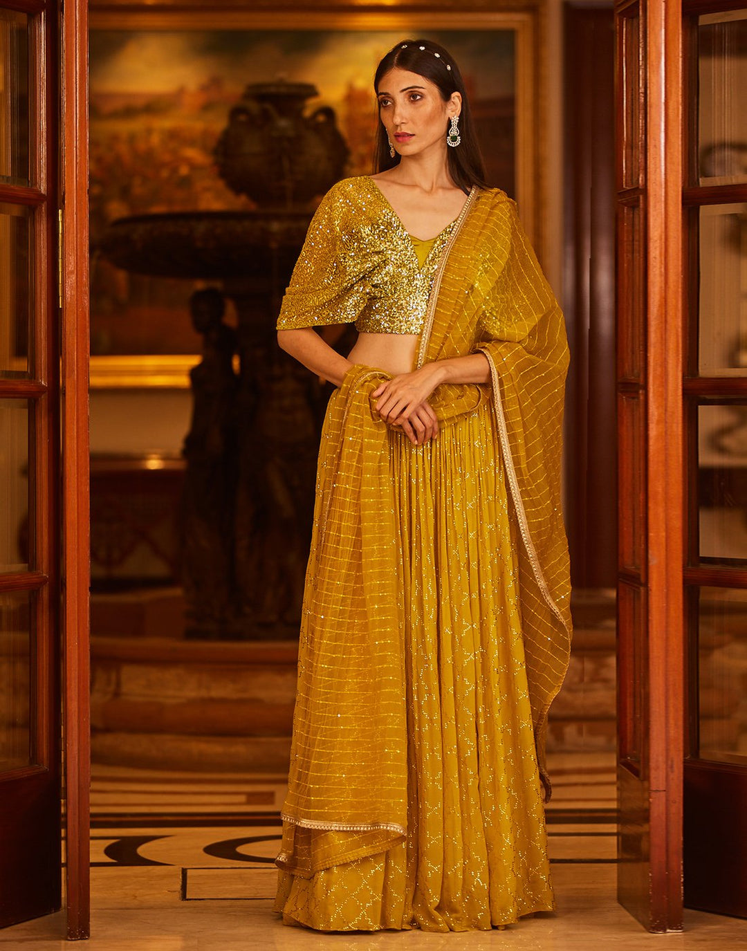 Sequence Embroidered Georgette Lehenga With Butterfly Sleeves