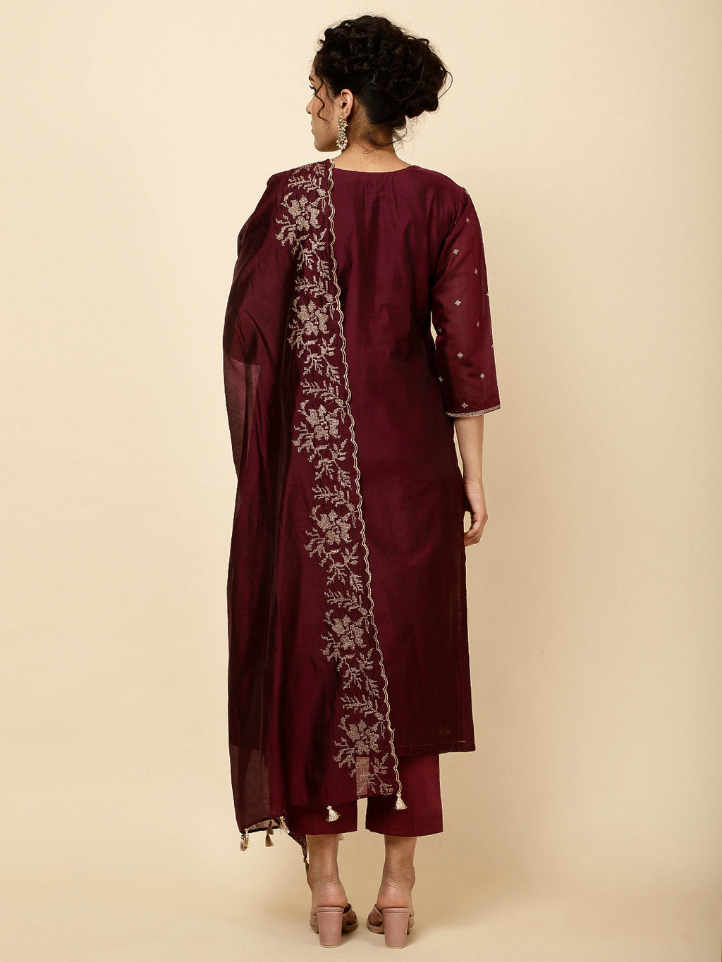 Embroidered Cotton Kurta With Pants & Dupatta