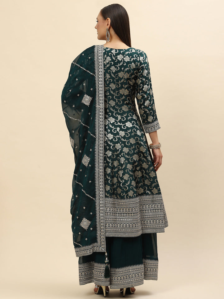 Resham Zari Embroidered Handloom Kurta With Palazzo &amp; Dupatta