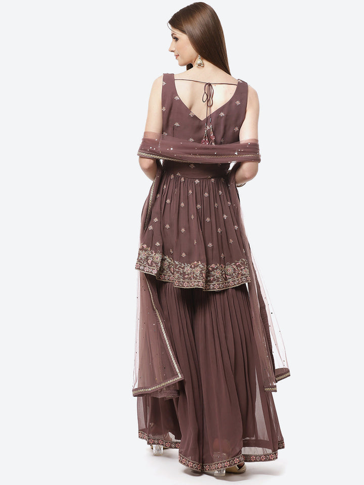 Art Georgette Embroidered Kurti With Sharara And Net Dupatta