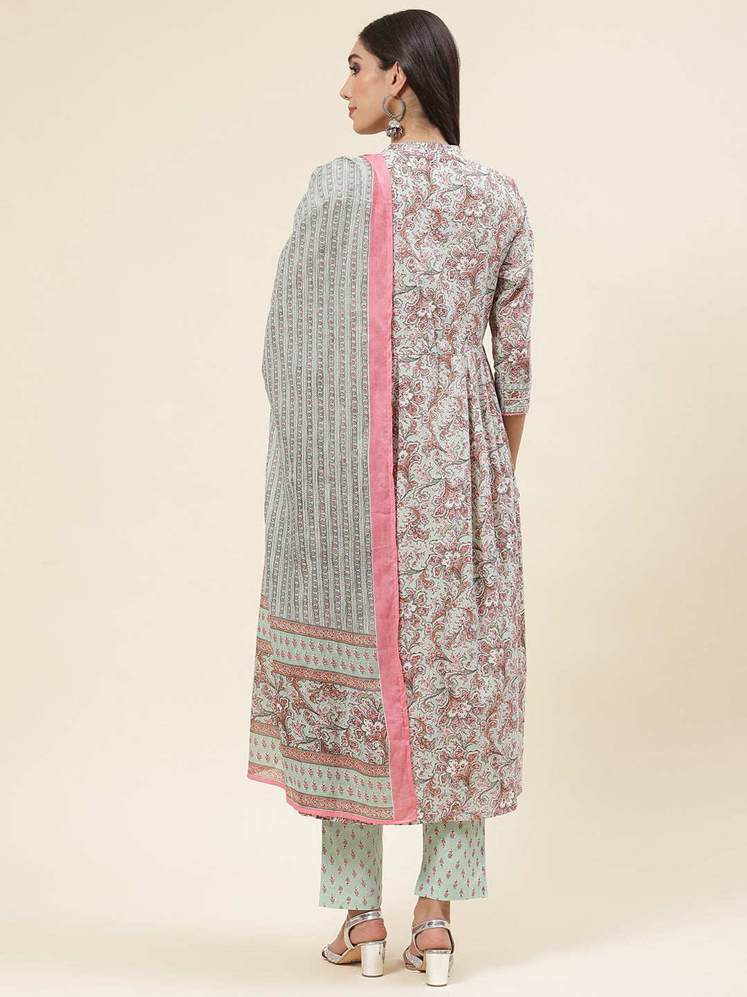 Floral Printed Cotton Kurta With Pants &amp; Dupatta