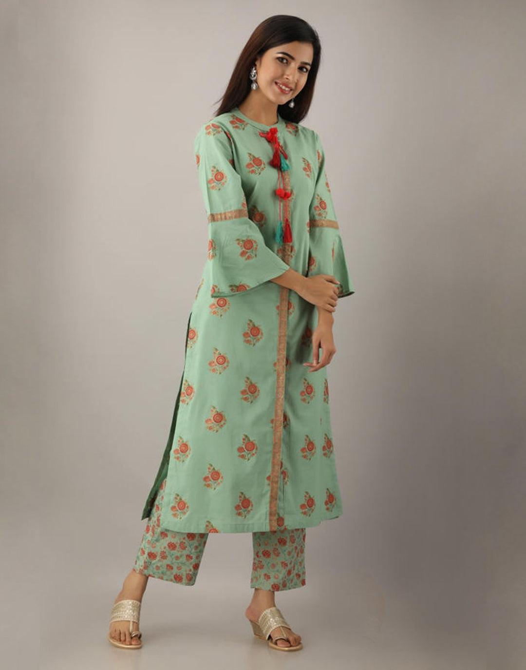 Printed Cotton Kurti And Pant With Bell Sleeves