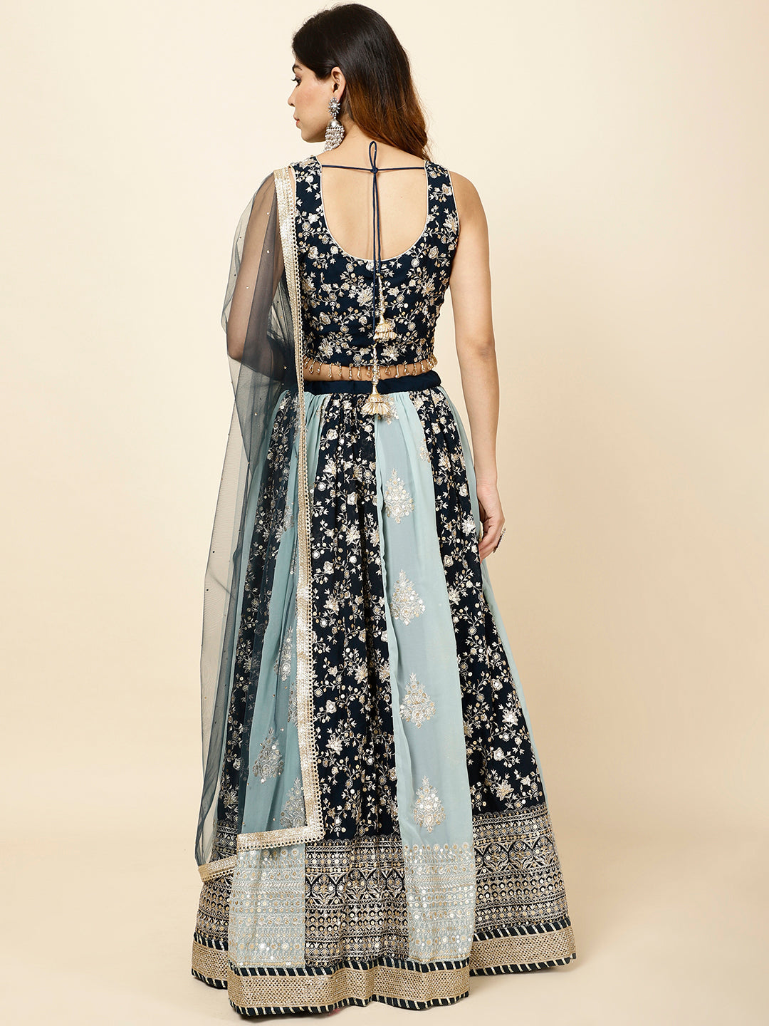 Zari Embroidered Georgette Choli With Lehenga &amp; Dupatta