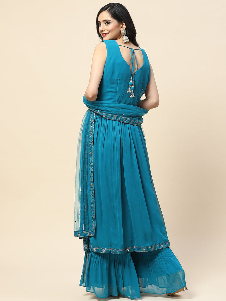 Resham Booti Embroidered Georgette Kurta With Palazzo &amp; Dupatta