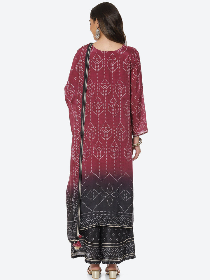 Printed Gota Neck Cotton Kurta With Palazzo &amp; Dupatta
