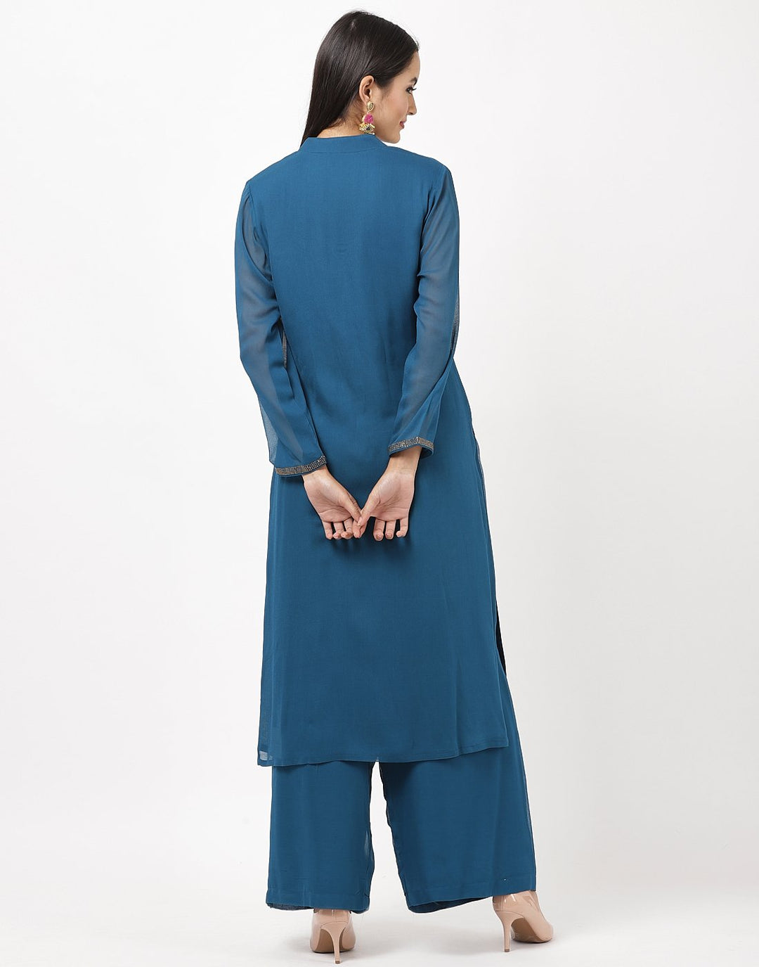 MBZ Meena Bazaar-Teal Blue Georgette Kurti with Palazzo