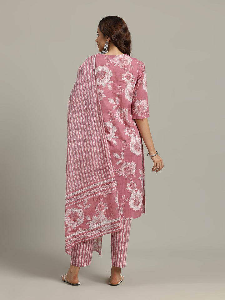 Floral Parinted Cotton Blend Kurta With Pants &amp; Dupatta