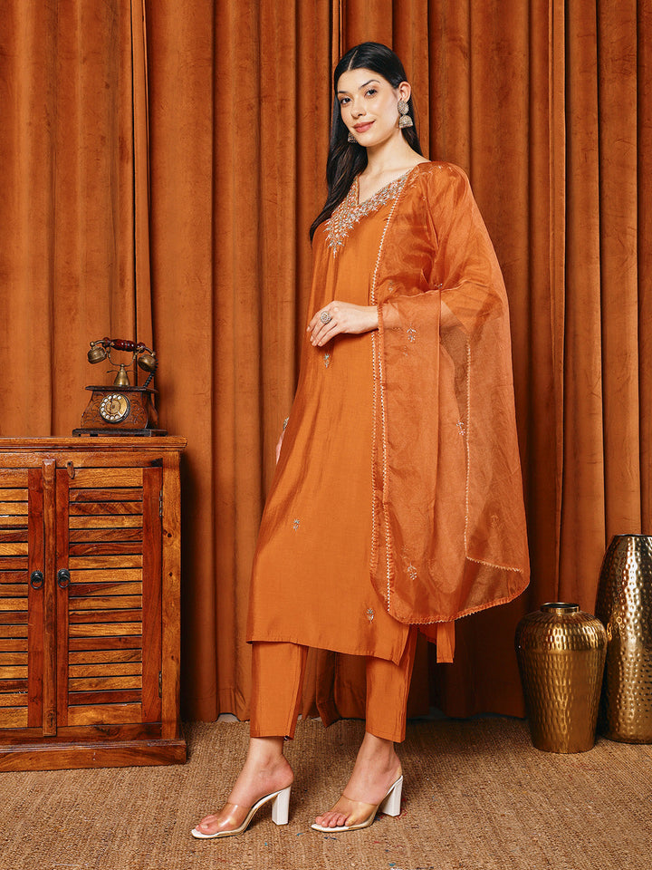 Embroidered Cotton Blend Kurta With Pants &amp; Dupatta