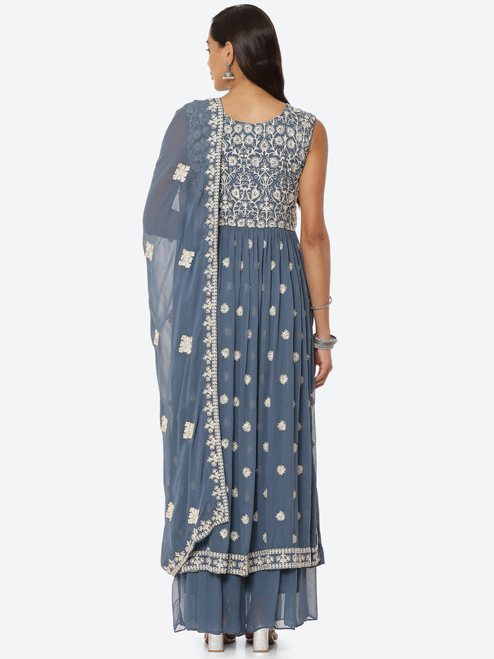 Resham Booti Georgette Kurta With Palazzo &amp; Dupatta