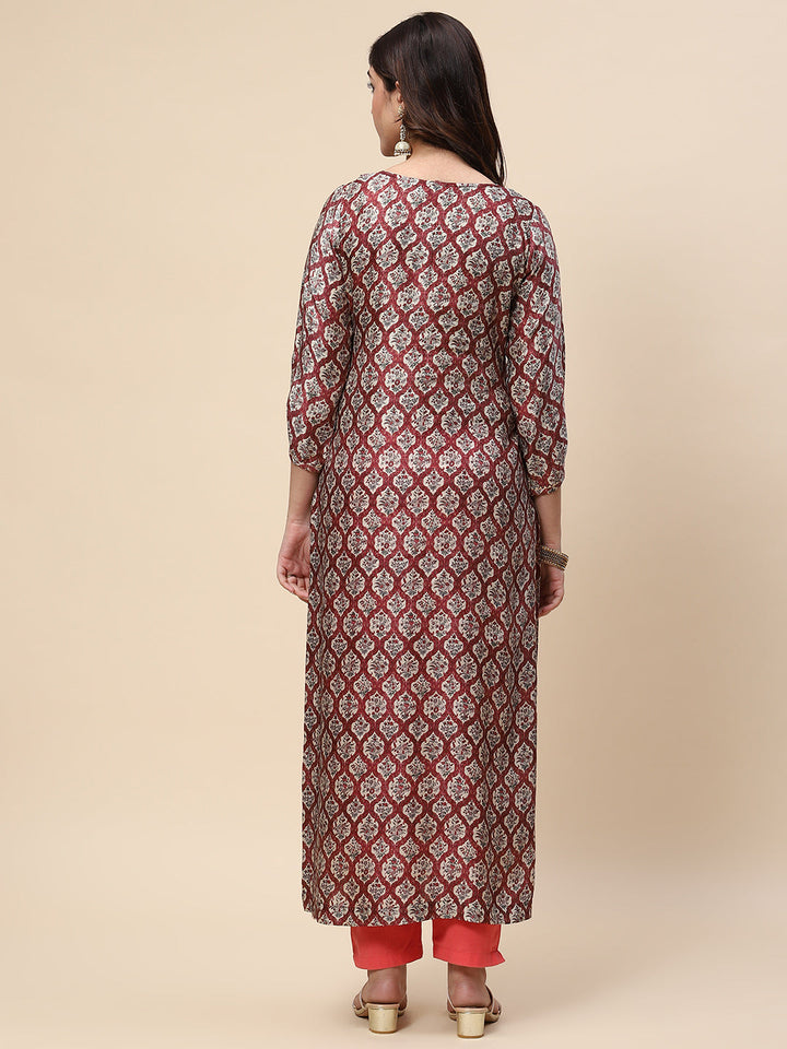 Zari Neck Embroidered &amp; Printed Satin Kurta