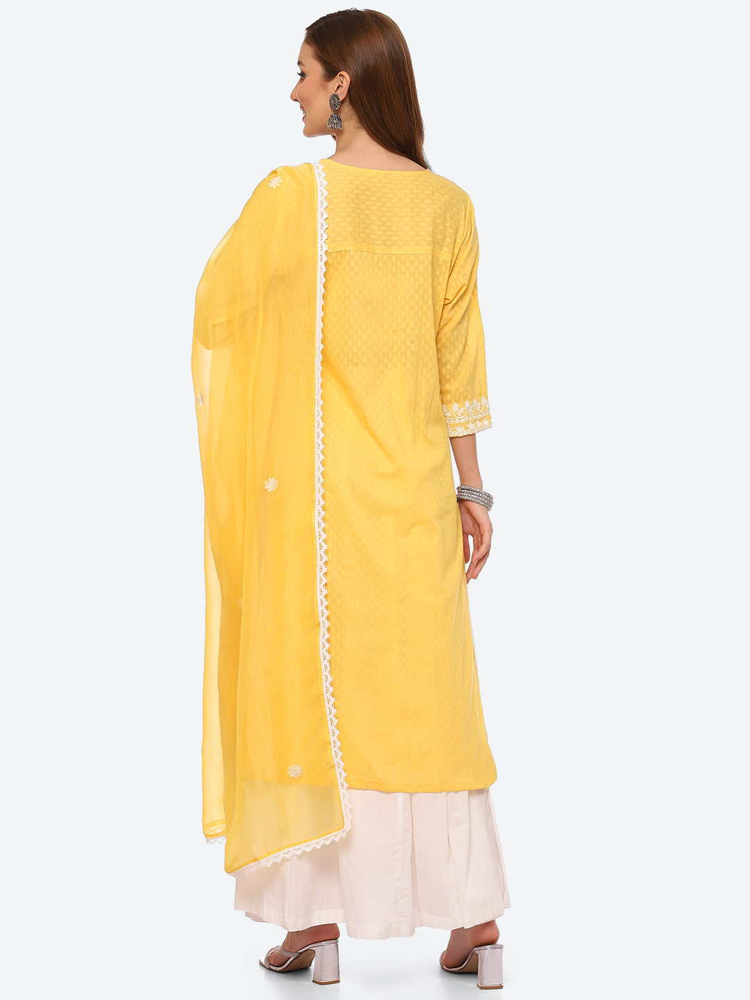 Resham Neck Embroidered Cotton Kurta With Sharara &amp; Dupatta