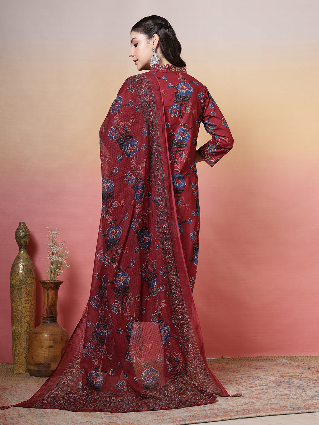Embroidered Cotton Kurta With Pant &amp; Dupatta