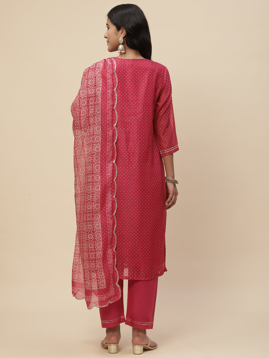 Zari Neck Embroidered Chanderi Kurta With Pants &amp; Dupatta