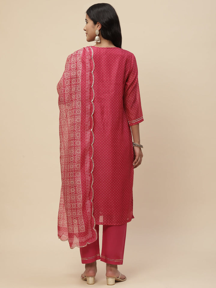 Zari Neck Embroidered Chanderi Kurta With Pants &amp; Dupatta