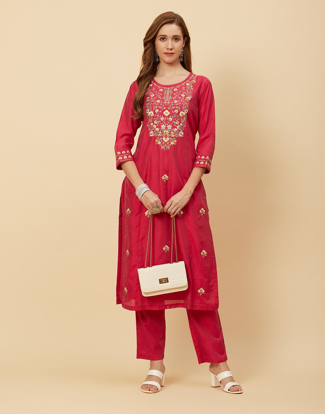 Embroidered Chanderi Kurti With Pant