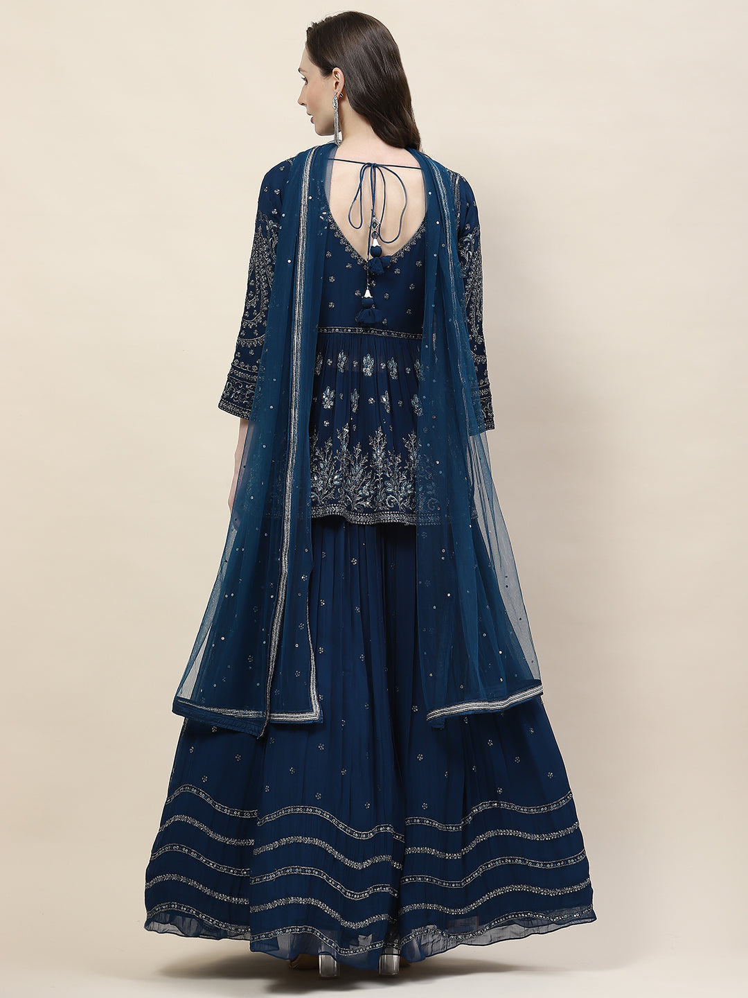 Sequin Zari Embroidered Georgette Choli With Lehenga &amp; Dupatta
