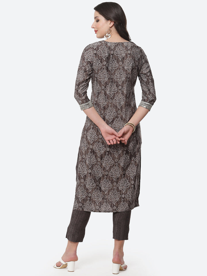 Bandhani Printed Zari Neck Cotton Kurti With Pant
