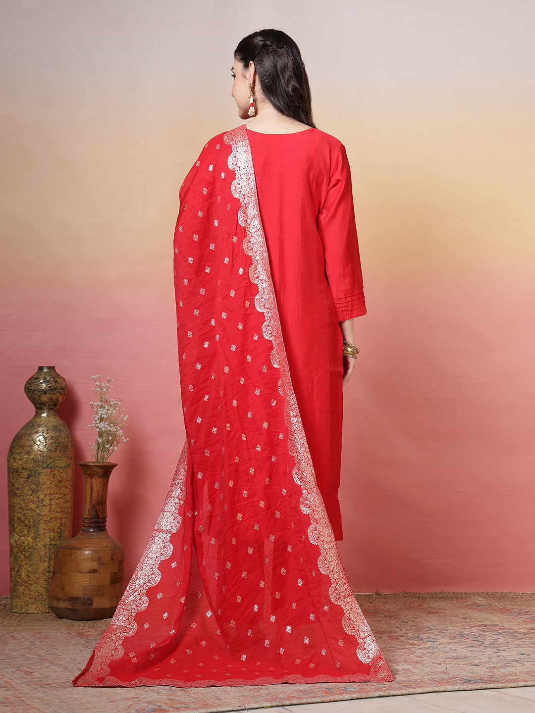 Embroidered Muslin Kurta With Pants &amp; Dupatta