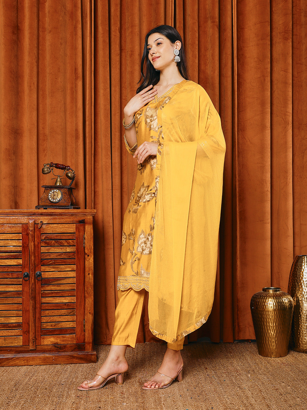 Resham Work Cotton Blend Kurta With Pants &amp; Dupatta