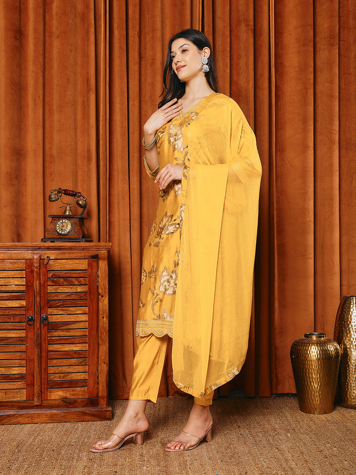 Resham Work Cotton Blend Kurta With Pants &amp; Dupatta