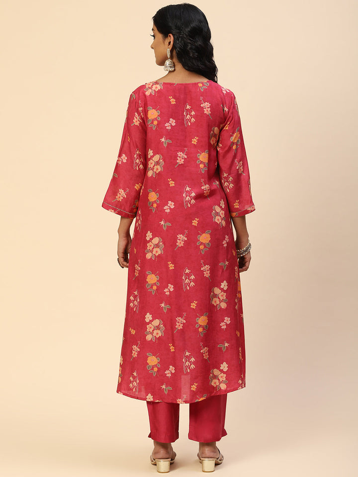 Floral Printed Embroidered Cotton Kurta With Pants