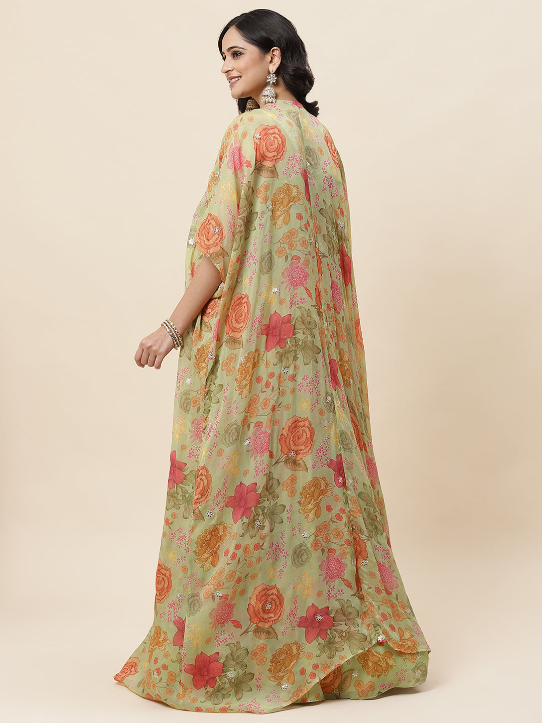 Floral Printed Organza Choli With Lehenga &amp; Cape