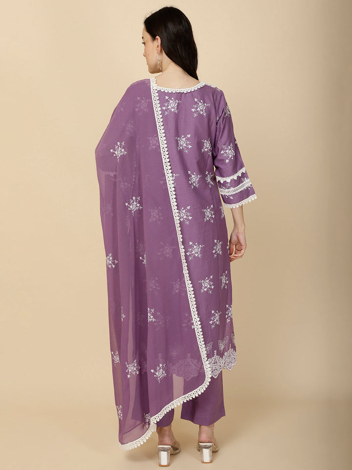 Embroidered Cotton Suit Set With Dupatta