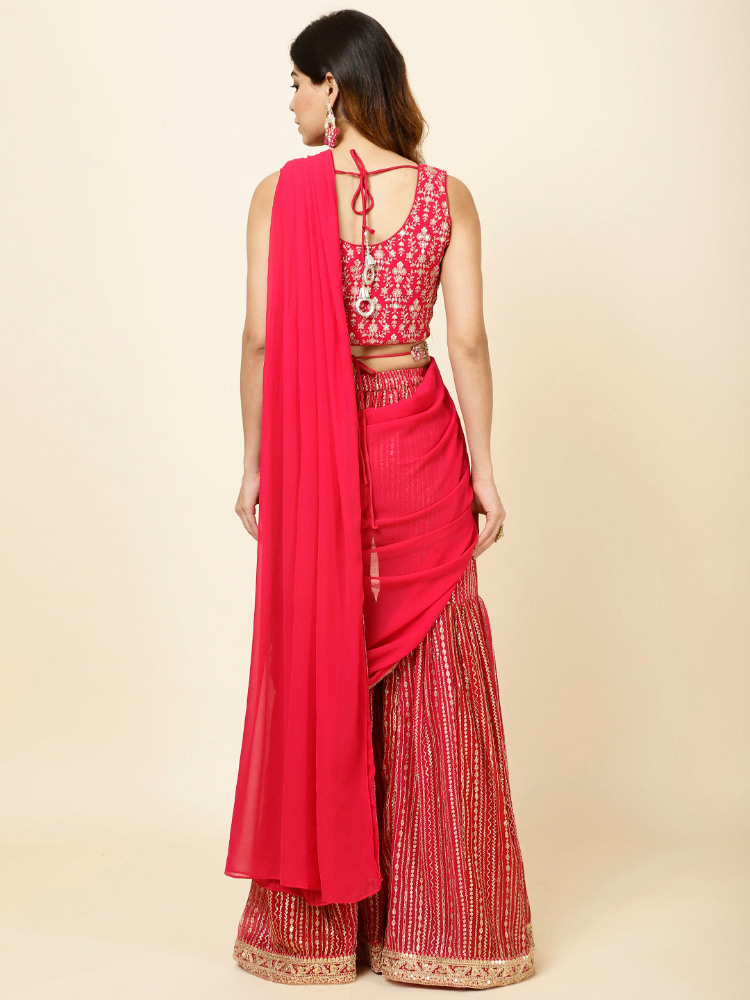 Zari Embroidered Crepe Crop Top With Dupatta &amp; Sharara