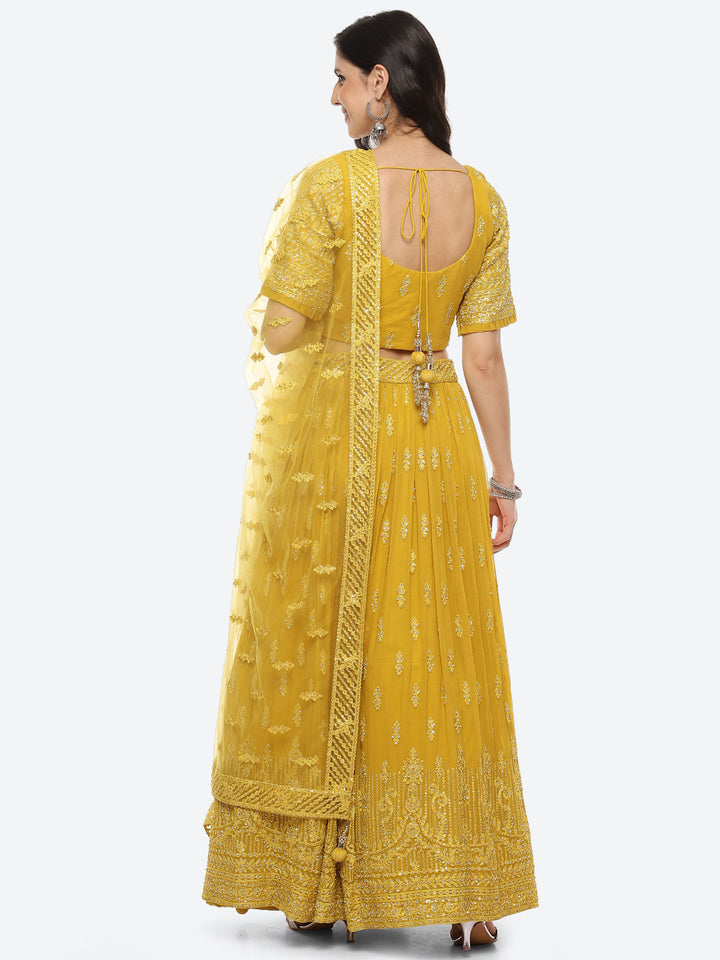 Resham Embroidered Georgette Choli With Lehenga &amp; Net Dupatta