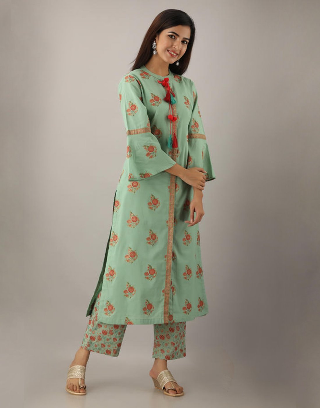 Printed Cotton Kurti And Pant With Bell Sleeves