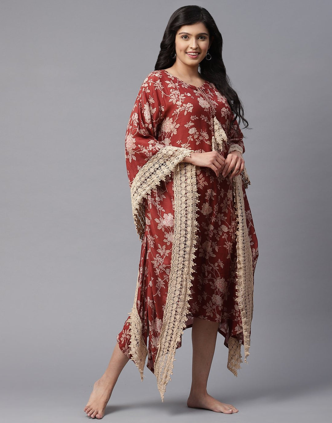 Cotton Printed Kaftan with Lace Detail