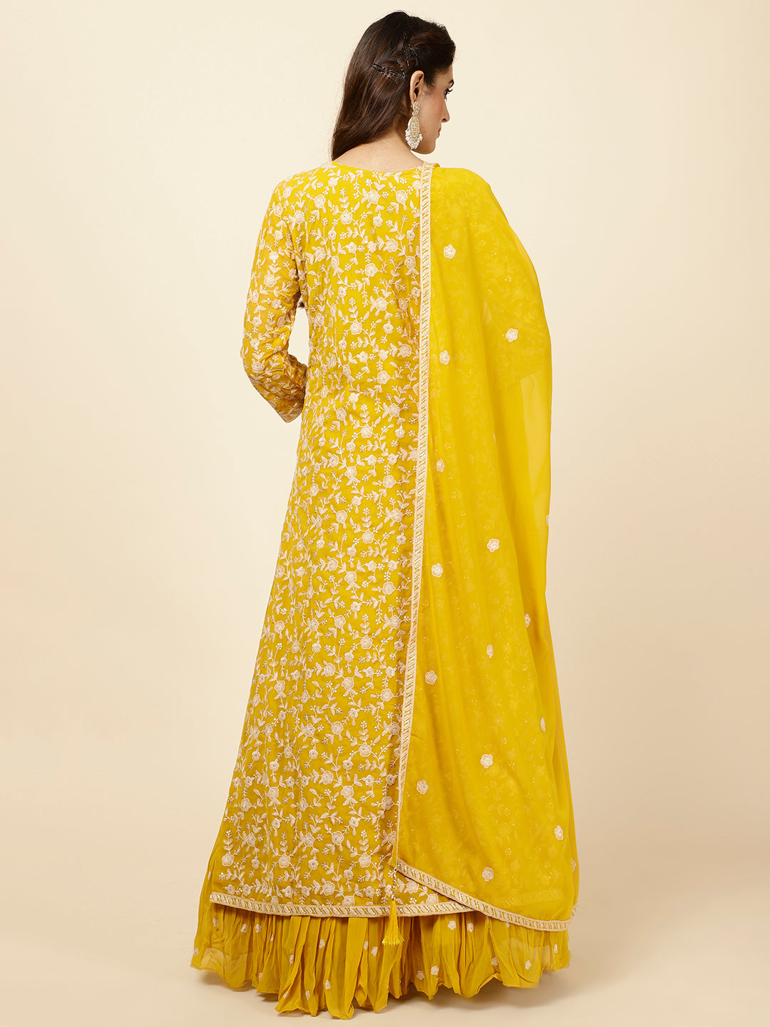 Embroidered Georgette Kurta With Skirt &amp; Dupatta