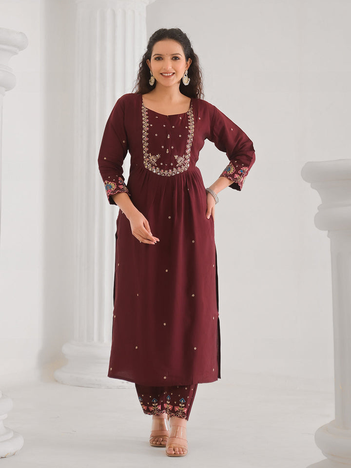 Neck Embroidery Cotton Blend Kurta With Pants &amp; Dupatta