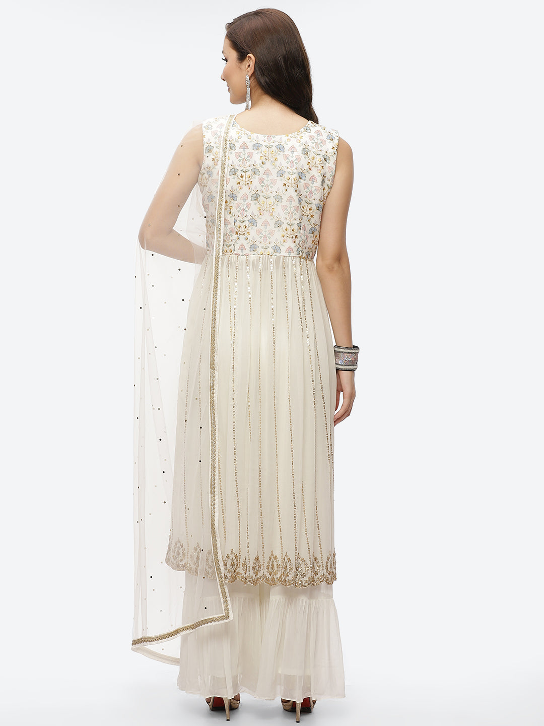 Zari Embroidered Georgette Kurta With Palazzo &amp; Dupatta