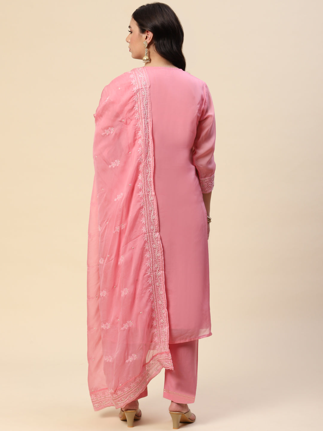 Resham Embroidered Booti Organza Kurta With Pants &amp; Dupatta