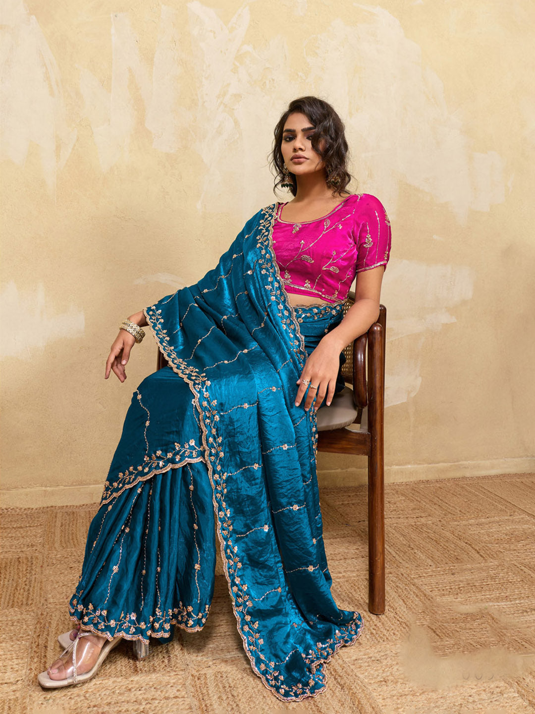 Embroidered Satin Velvet Saree