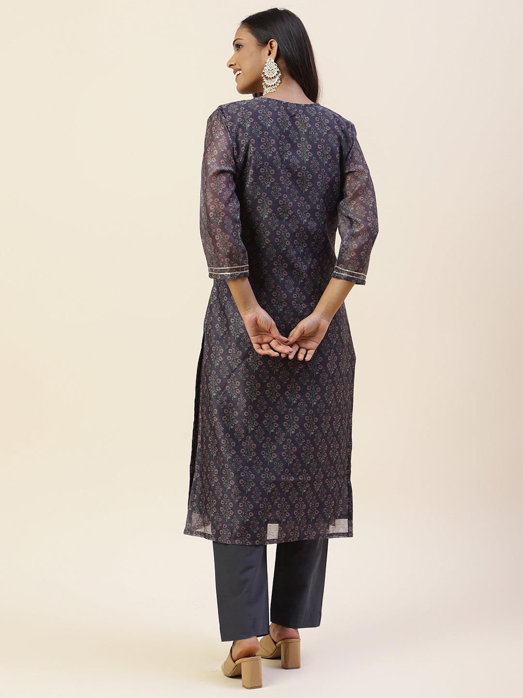 Printed &amp; Yoke Embroidered Chanderi Kurta With Pants