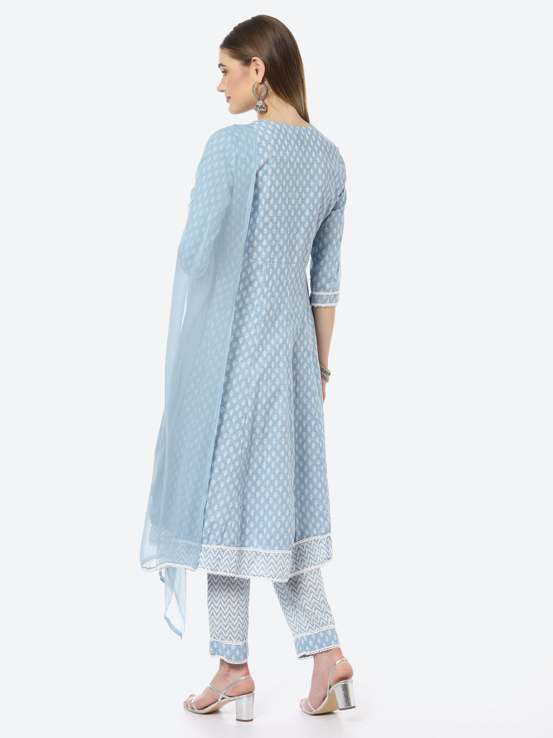 Resham Neck Booti  Printed Cotton A-line Kurta With Pant &amp; Chiffon Dupatta