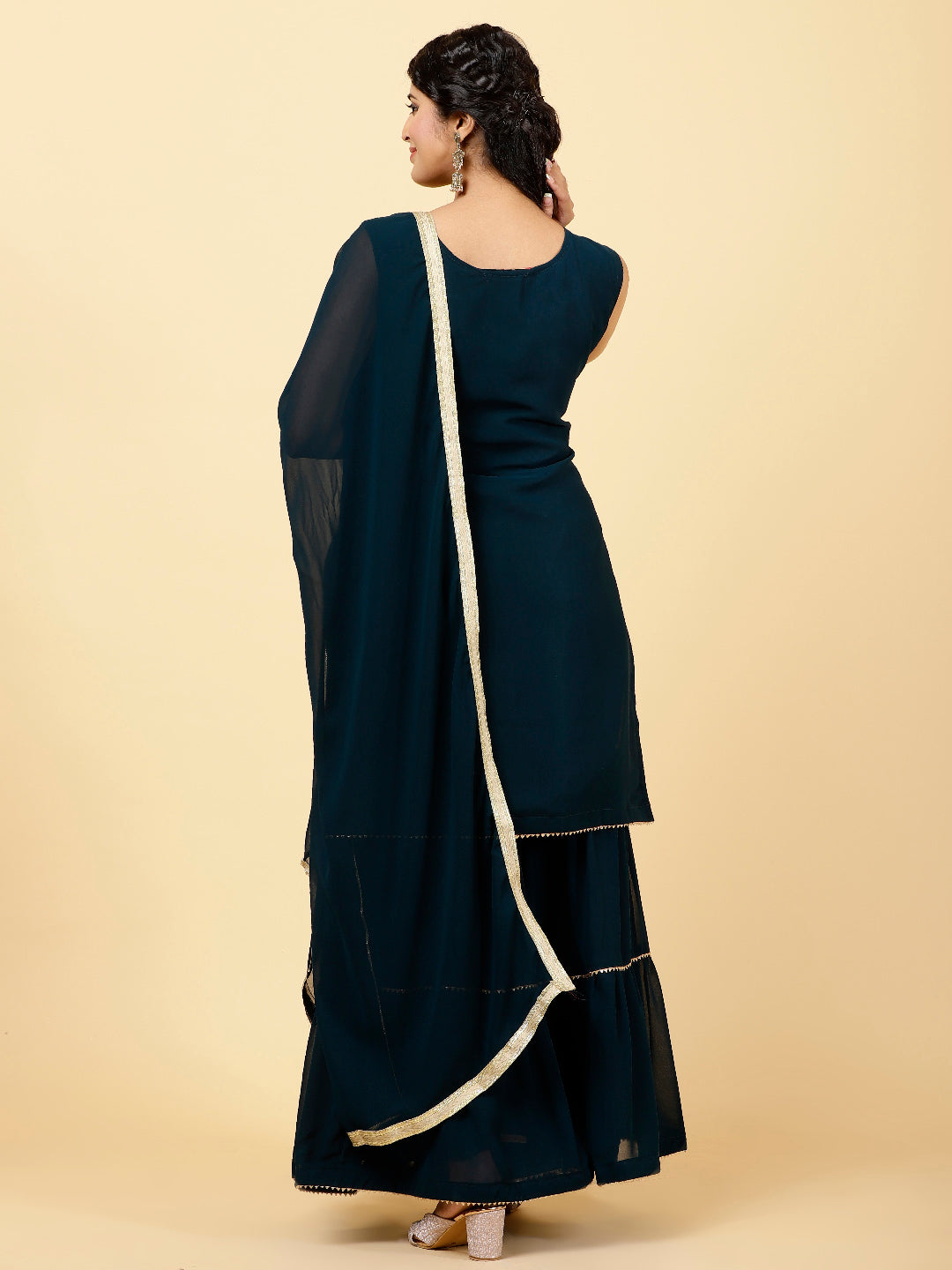Sequin Embroidered Georgette Kurta With Garara &amp; Dupatta